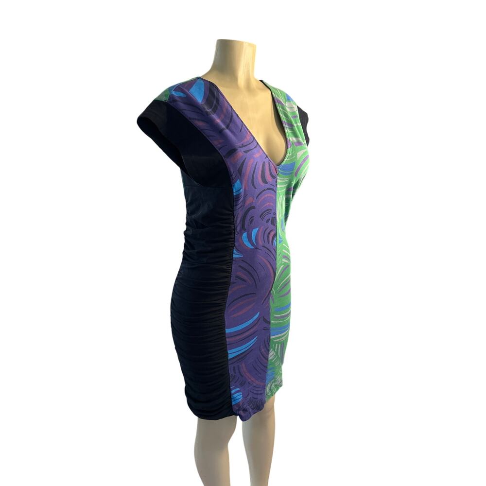 Women 3 M Custo Barcelona V-Neck Green Purple Black Ruched Printed Dress